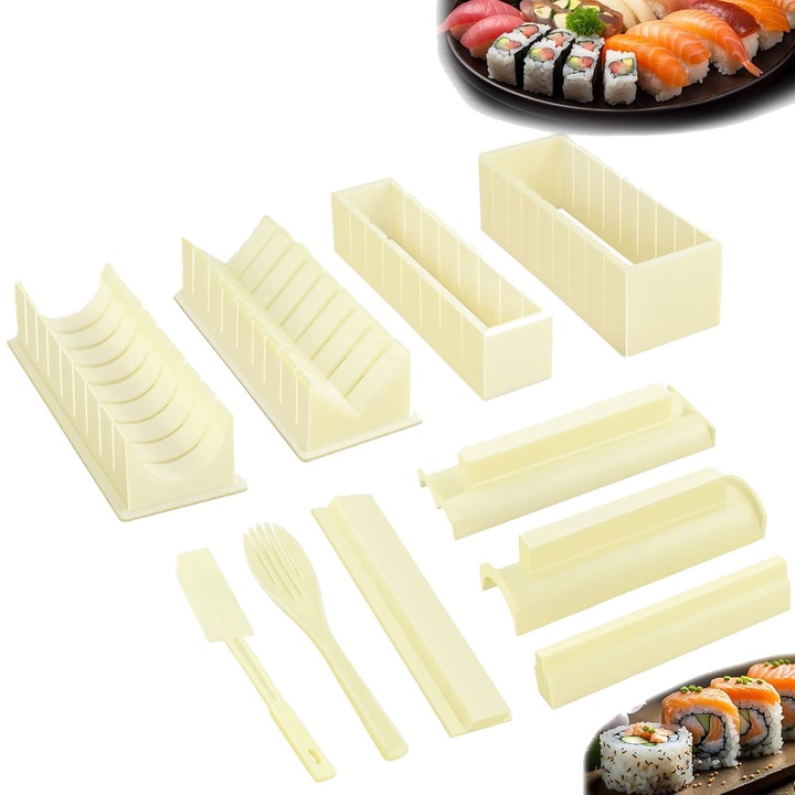 Комплект прибори за суши от 10 части, ZGGZERG, Множество форми за суши, Разтегателен, Гланцов завършек, Лесен за почистване, Прост и издръжлив, Идеален за приготвяне на суши у дома, ABS материал, Кремаво бял