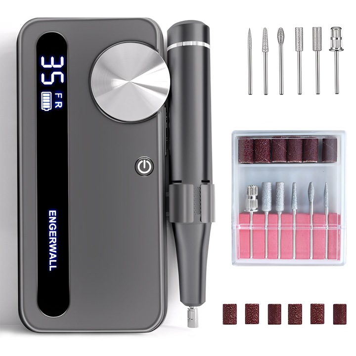 Фреза за нокти за маникюр и педикюр, BYONDSELF®, преносима, 35000RPM, 4000mAh, с шлифовъчен пръстен, 12 накрайника за фреза, нисък шум, ниски вибрации, регулируема скорост, LED дисплей, оставаща мощност, сив