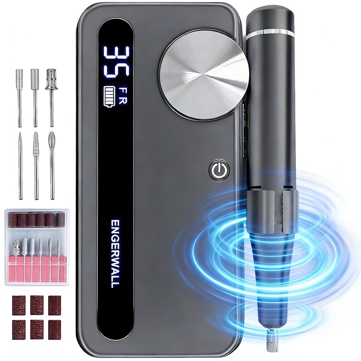 Freza Unghii pentru Manichiura si Pedichiura, BYONDSELF®, Portabil, 45000RPM, 4000mAh, cu Inel Slefuit, 12 Capete Freza, Zgomot Redus, Vibratii Reduse, Viteza Reglabila, Display LED, Puterea Ramasa, Gri