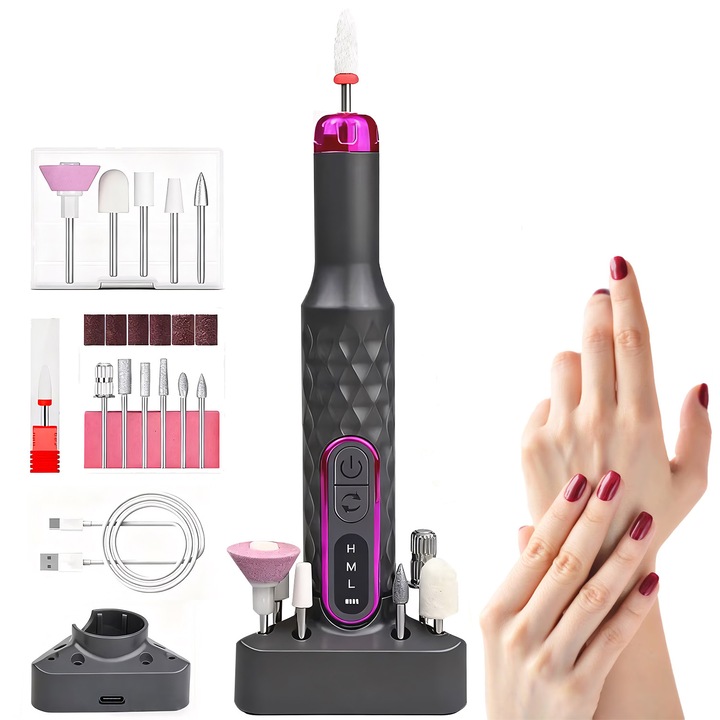 Пила за нокти за маникюр и педикюр BYONDSELF, преносима, зареждаща база, 15000RPM, шлифовъчен пръстен, фрезови глави, нисък шум, ниски вибрации, регулируема скорост, сив