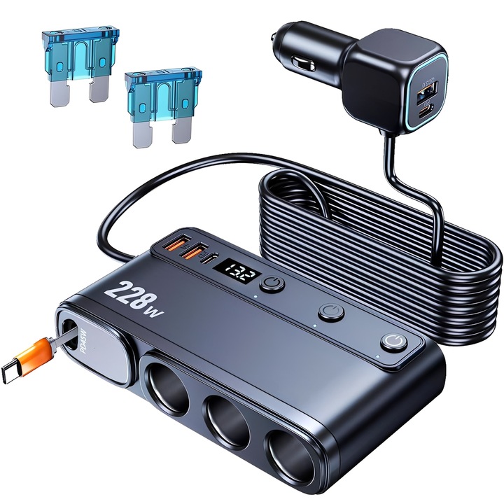 Autós töltőadapter, BYONDSELF®, 228W, PD 45W, 9 az 1-ben töltő, 3 szivargyújtó aljzat, 6 USB, egyedi kapcsolók, 12V/24V, 95CM, 2 tartalék biztosítékkal, fekete