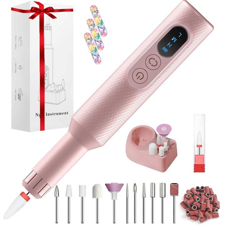 Електрическа пила за нокти, за маникюр и педикюр, YeeLei, 18000RPM, с безжична презареждаема база, 12 накрайника, 36 абразивни ленти, 3 пили за нокти, 3 регулируеми скорости, розова