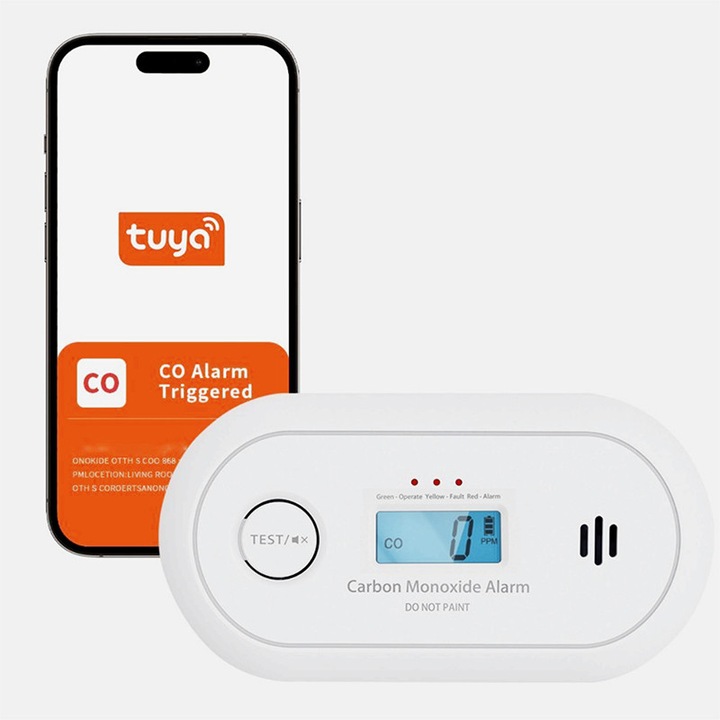 Detector de monoxid de carbon Tuya Smart WiFi, ZYNORO®，2.4GHz，raza de detectare 360°, memento mobil APP, sistem de securitate inteligenta pentru casa