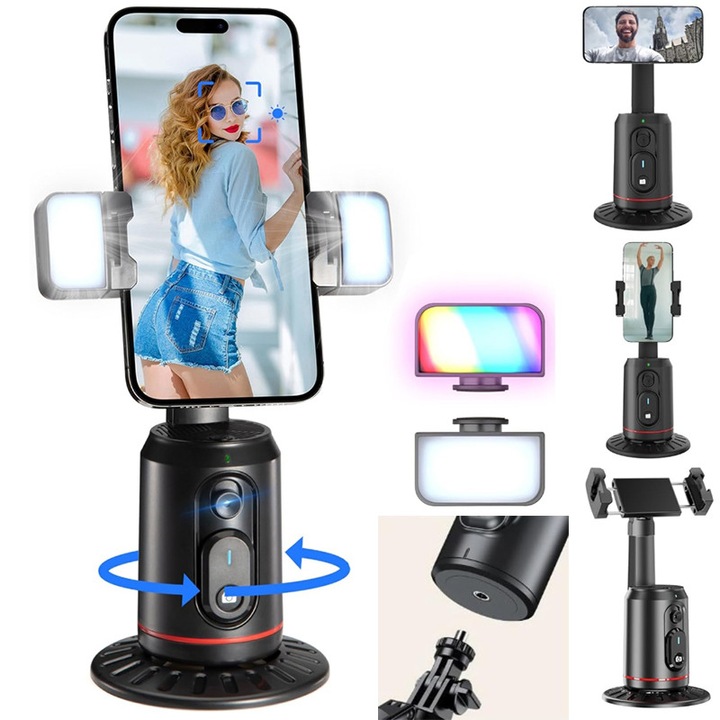 Accesoriu Video AI Gimbal Inteligent 360⁰, ZYNORO®，cu urmarire automata a fetei si lumini LED, 1/4” fir，compatibil iPhone si Android, ideal pentru vlogging sau creatori de continut TikTok, Youtube, Instagram, reincarcabil， negru