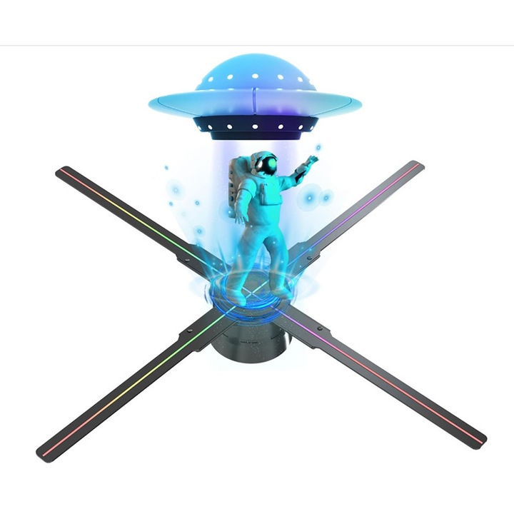 Ventilator holografic 3D，ZYNORO®, ajustare luminozitate, Bluetooth, WiFi, control prin aplicatie, telecomanda, tip ventilator, proiector imagine sau video, imbinare，624 de perle LED，4x lame, HD, incarcare prin card sd, aliaj de aluminiu，Negru ，56 cm