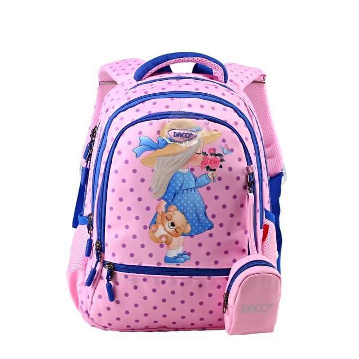 Set ghiozdan si penar Daco, 3 compartimente, roz/albastru, 38x30x17cm, pentru clasa pregatitoare, imprimeu fetita cu ursulet de plus