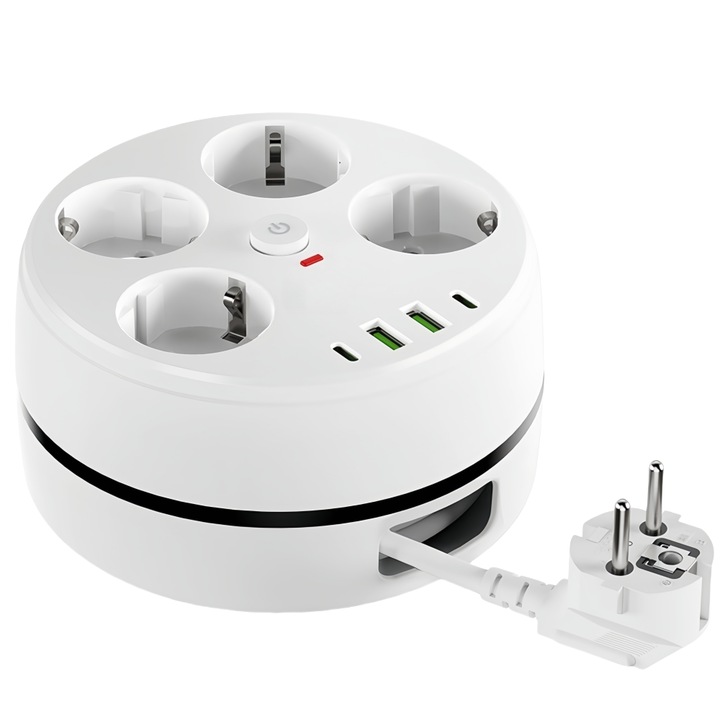 Удължител 8 в 1, прибиращ се, 4 контакта, 2 USB, два USB-C за хол/офис/спалня, въртящ се диск и 2-метров удължителен кабел, 2500 W, бял