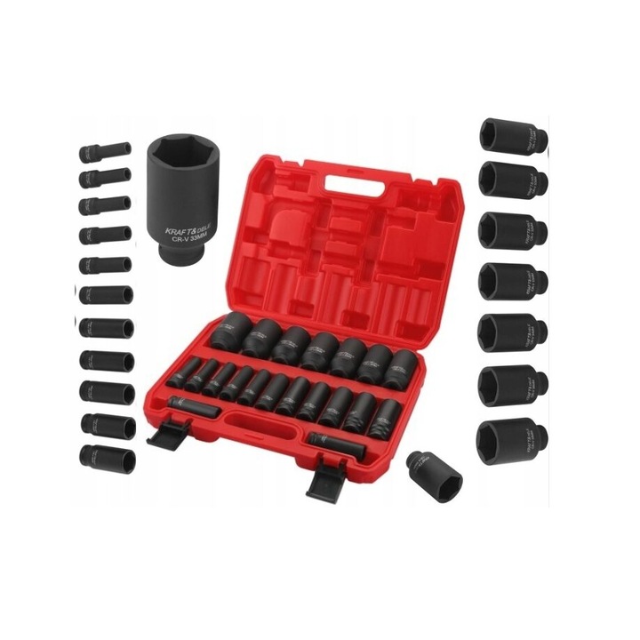 Trusa chei tubulare de impact, 1/2" kexagonale, 10 - 38mm, 20 piese, Kraft