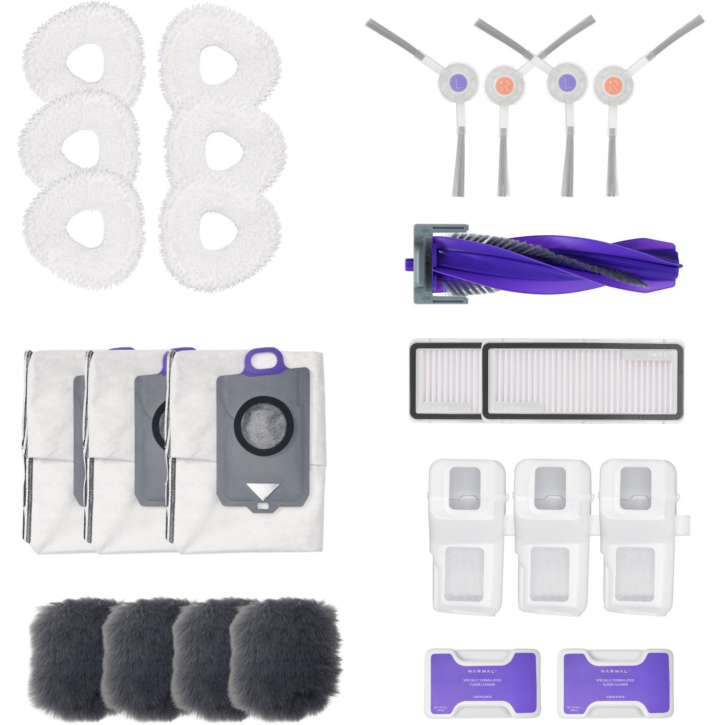 Pachet accesorii Narwal pentru Z Ultra, contine: perie anti-incurcare, 3 lavete mop, 2 perii laterale, 2 filtre recipient praf, 2 seturi lavete plinta, 2 solutii de curatare podele
