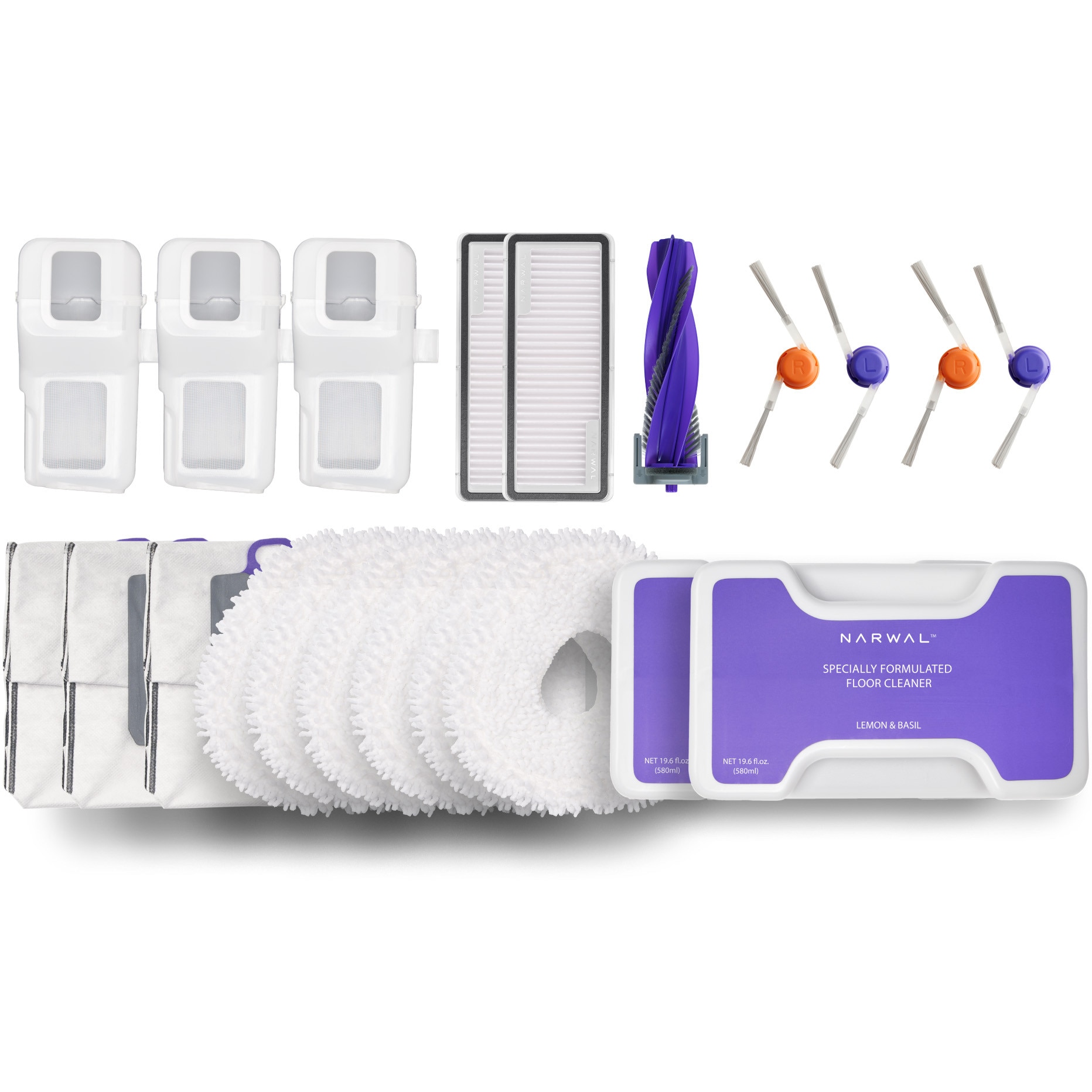 Pachet accesorii Narwal pentru Z10 Ultra, contine: 1 perie anti incurcare, 3 lavete, 2 perii laterale, 2 solutii de curatare mop/statie, 3 saci de praf pentru statia de aspirare, 2