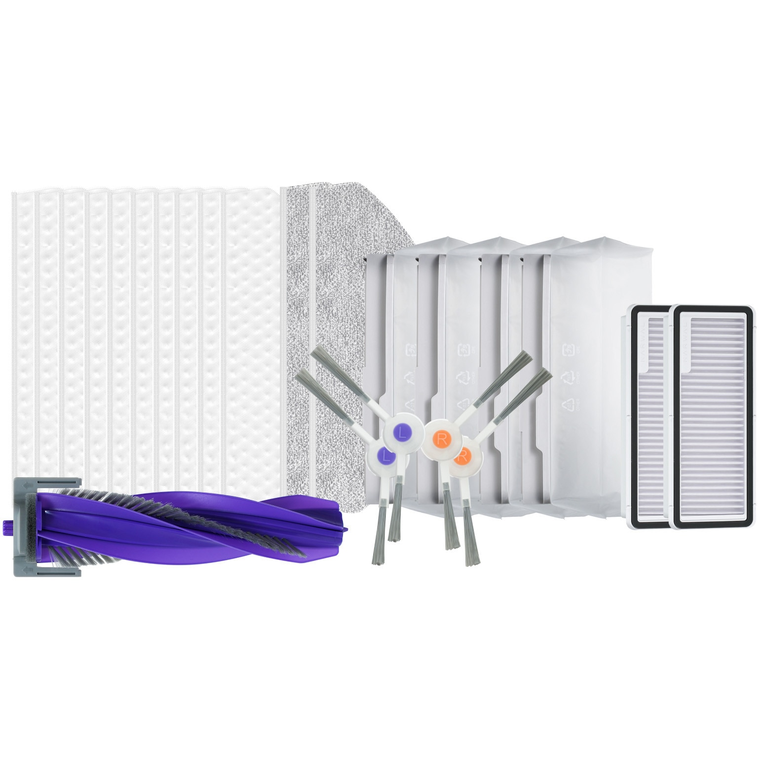 Pachet accesorii Narwal pentru X Plus, contine: 1 perie principala anti-incurcare, 2 lavete reutilizabile pentru mop, 10 lavete de unica folosinta pentru mop, 2 seturi perii latera