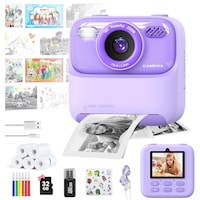 Aparat foto instant pentru copii，SHIJOOE®，Zoom 16x，Inregistrare 1080P HD，Functii Foto, Printare，Camere duale Functia selfie，ecran 2.4 inch，Jocuri Interactive, MP3 Player，blitz，1500mAh，5x Role Hartie，6x Carioci Colorate si Stickere incluse，32GB Card SD