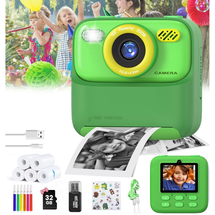 Моментален фотоапарат за деца，SHIJOOE®，16x увеличение，1080P HD запис，Функции Снимка, Печат，Двойни камери Функция за селфи，2.4 инчов екран，Интерактивни игри, MP3 плейър，светкавица，1500mAh，5x ролки хартия，6x цветни маркери и стикери включени，32GB SD карта