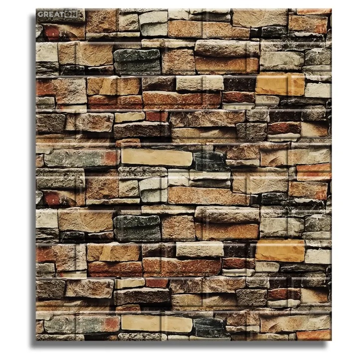 Tapet GREATON cu Design Imitatie Caramida Asimetrica In Relief, Model Retro, 77x70cm, Spuma Poliuretanica, Autoadeziv, Rezistent La Stropii De Apa, Maro/Roscat