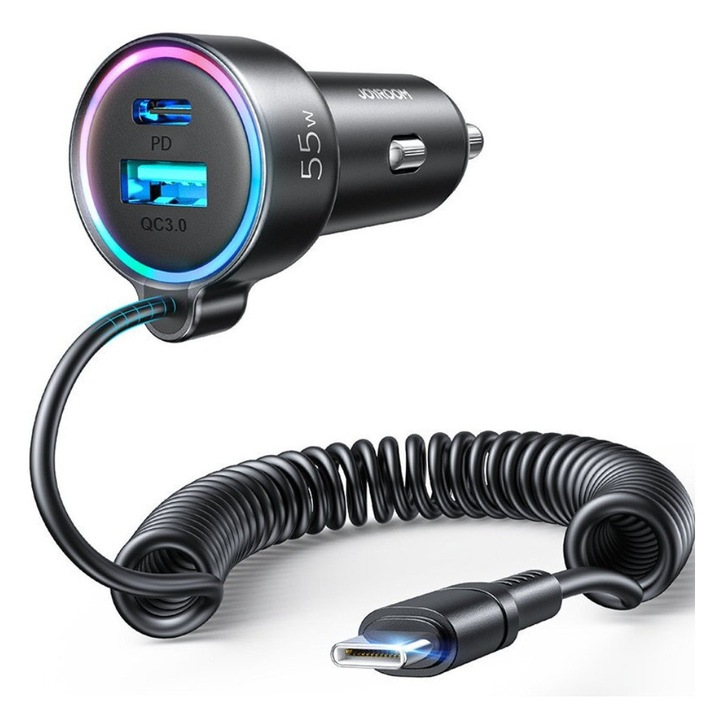 Incarcator Auto Joyroom CL07, 55W, 3-in-1, Cablu Type-C Inclus, LED, Negru