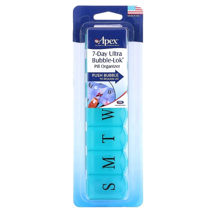 Organizator de pastile Apex, 7 zile, Ultra Bubble-Lok, sistem de inchidere simplu, protectie impotriva deschiderii accidentale