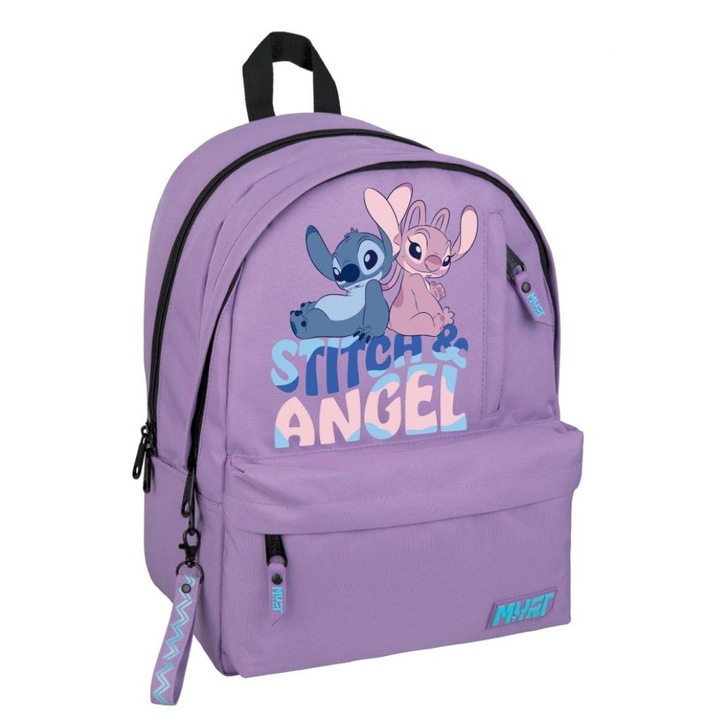 Ghiozdan MUST TEAM Disney Stitch & Angel, 2 compartimente, 32x19x42 cm, Mov, pentru scoala si plimbari