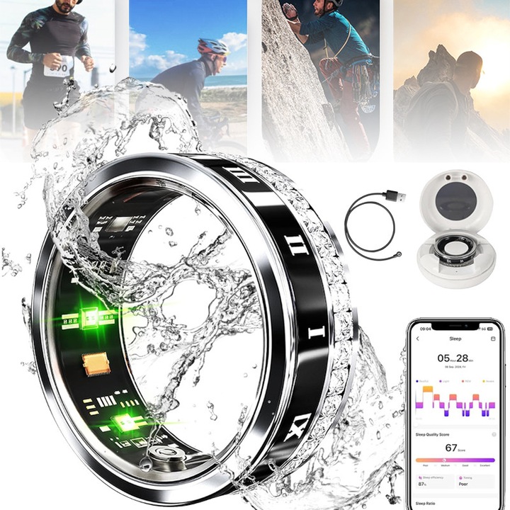 Inel inteligent, Socodox, ritm cardiac, oxigen din sange, monitorizare somn, Fitness, Sport, calorii, Rezistent Apa, IP68, Bluetooth 5.0, 18 mAh, Ring Size 10 (20 mm), Compatibil cu Android si iOS, otel carbon, Unisex, Negru
