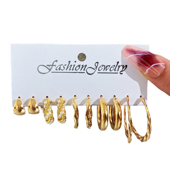 Cercei dama aurii din metal, set 6 perechi, fara pietre, 50cm