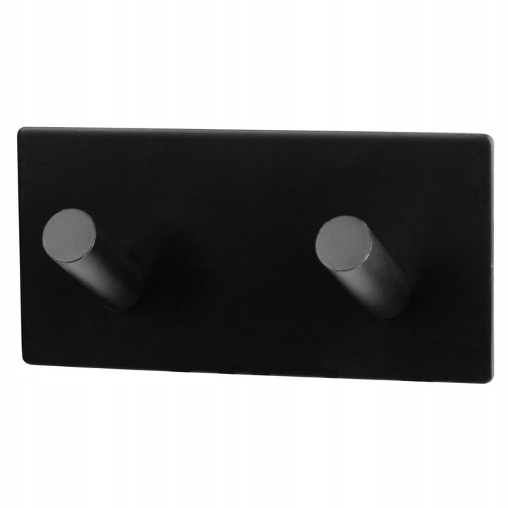 Cuier de perete cu doua agatatori, Kuketo, Alsea, Metalica, Autoadeziva, Montare Cu Banda 3M Pe Foam, 9 x 4, 5 x 2, 7 cm, Neagra, 1 Buc