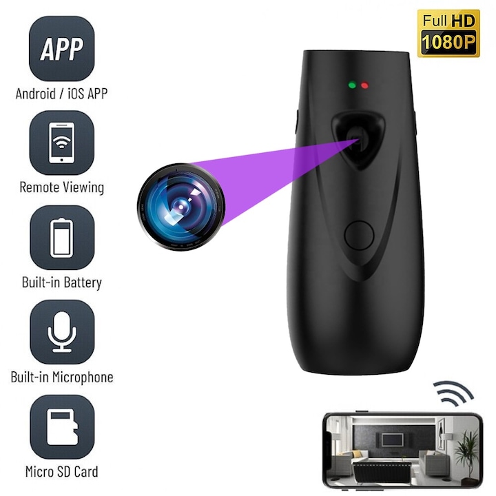 Camera Spion WiFi, ADS05-B, Ascunsa in Odorizant de Camera, Full HD, Inregistrare Audio Video, Activare la Miscare, Slot Card