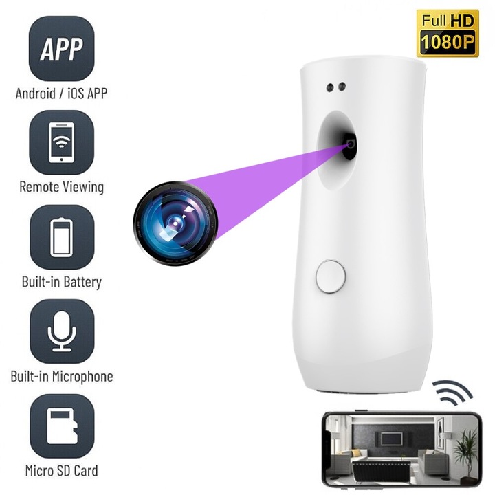 Camera Spion WiFi, ADS08-W, Ascunsa in Odorizant de Camera, Full HD, Inregistrare Audio Video, Activare la Miscare, Slot Card