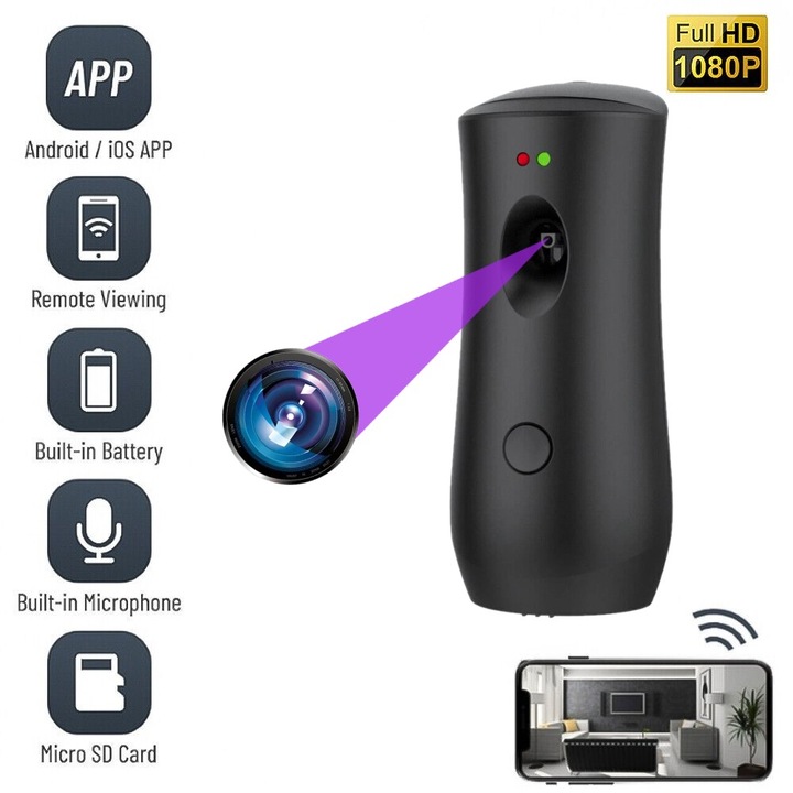 Camera Spion WiFi, ADS08-B, Ascunsa in Odorizant de Camera, Full HD, Inregistrare Audio Video, Activare la Miscare, Slot Card