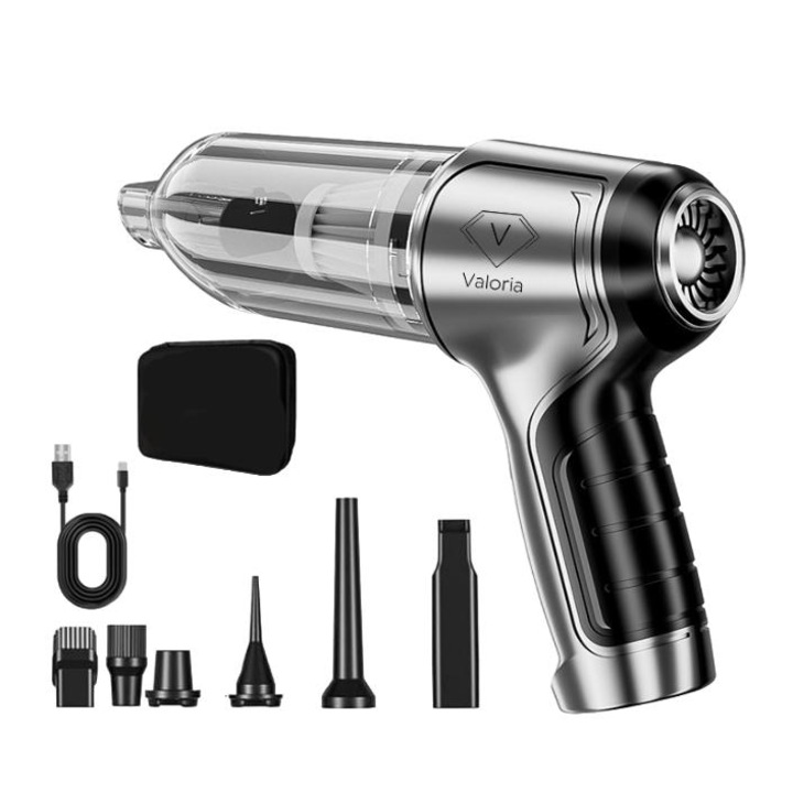 Aspirator Auto Portabil VALORIA 4 în 1, Putere 120W, 15000Pa, Fără Fir, Filtru HEPA, Baterie 6000mAh