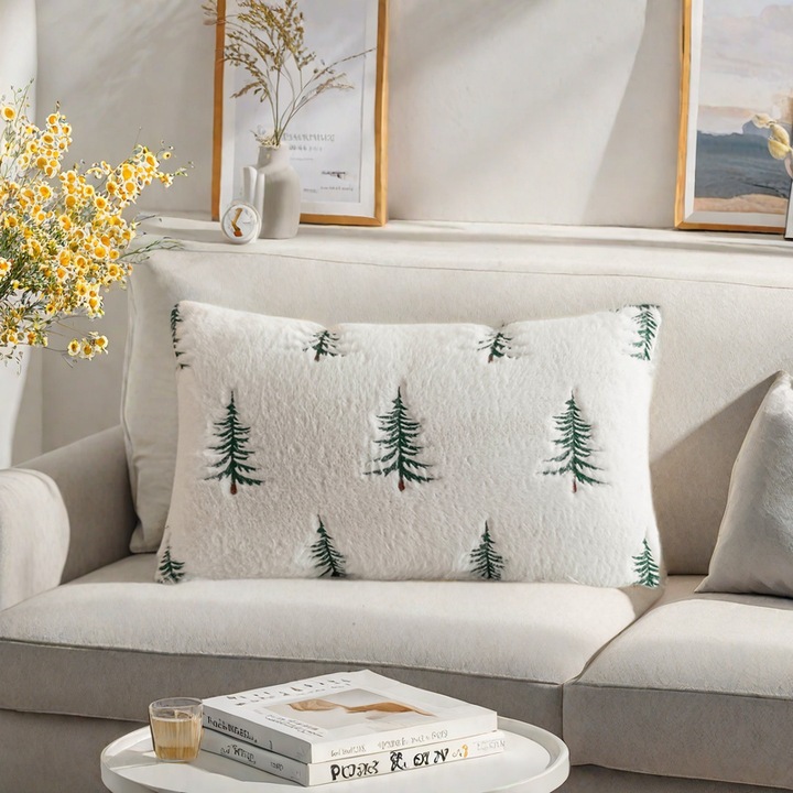 Hófehér poliészter párnahuzat nyúlszőr hatású, karácsonyfa mintával, 30x50cm