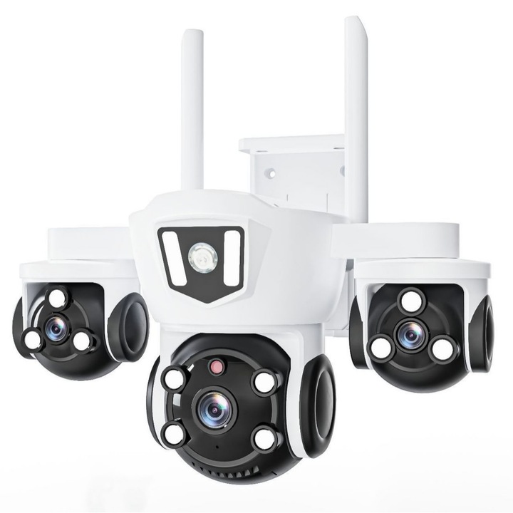 Ugo WiFi Ultra HD камера за наблюдение с три обектива, широк ъгъл, 15MP, 10x цифрово увеличение, 360° ротация, пълноцветно нощно виждане с двойно осветление, двупосочна комуникация, аларма, водоустойчивост IP66, бяла