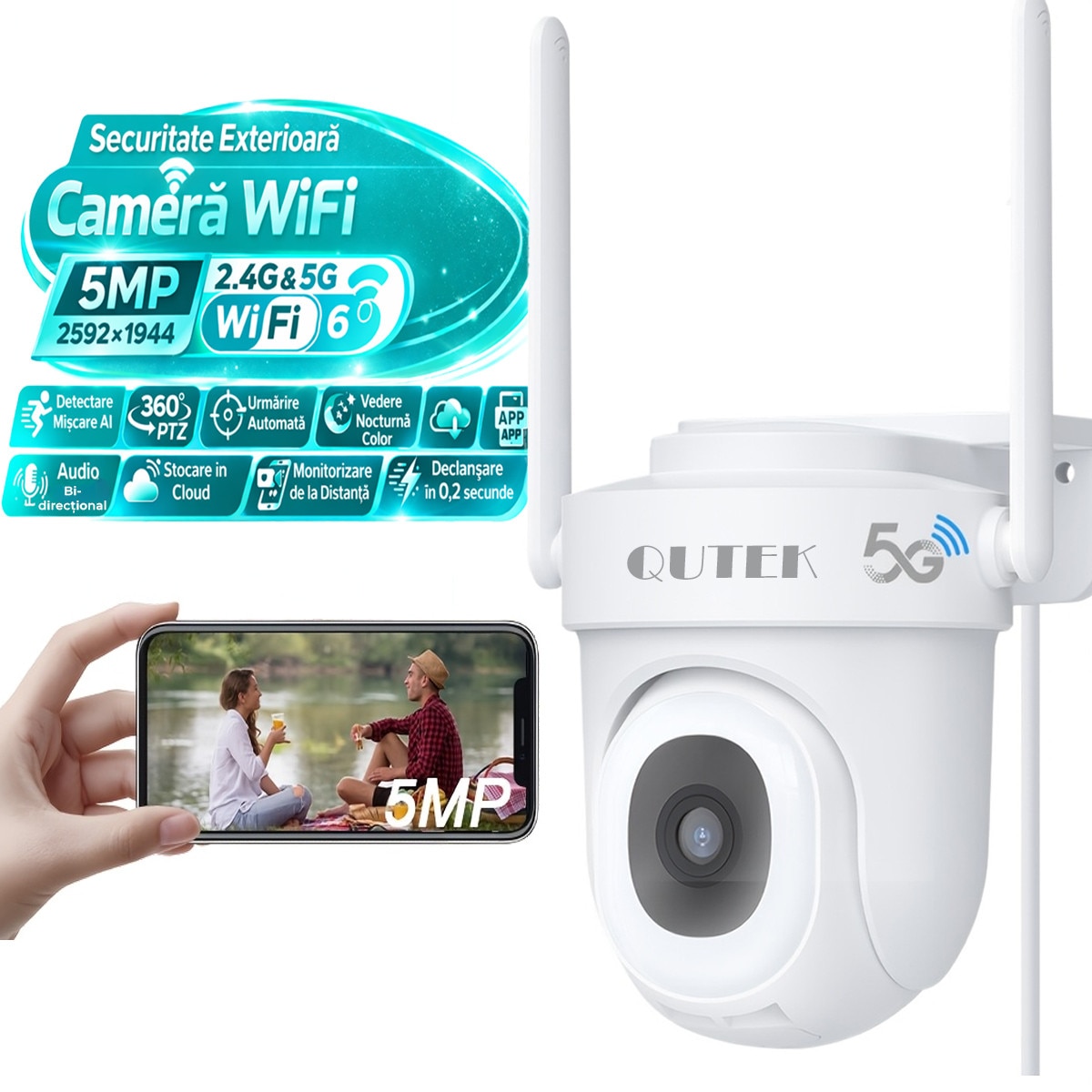 Camera Supraveghere Exterior Interior Qutek Guardian 5MP, PTZ 360°, 2K ...