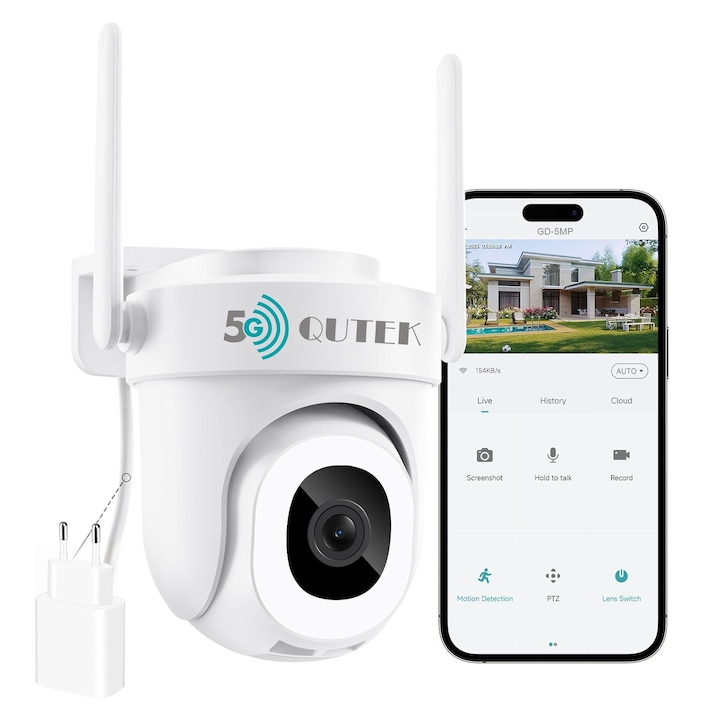Kültéri/beltéri megfigyelő kamera, smart, QUTEK Guardian – 5MP, 360°-ban forgatható, zoom, mozgásérzékelés és személyek, háziállatok és autók követése, hangjelzés, audio-video, Starlight és infravörös színes éjjellátó, kétsávos Wi-Fi