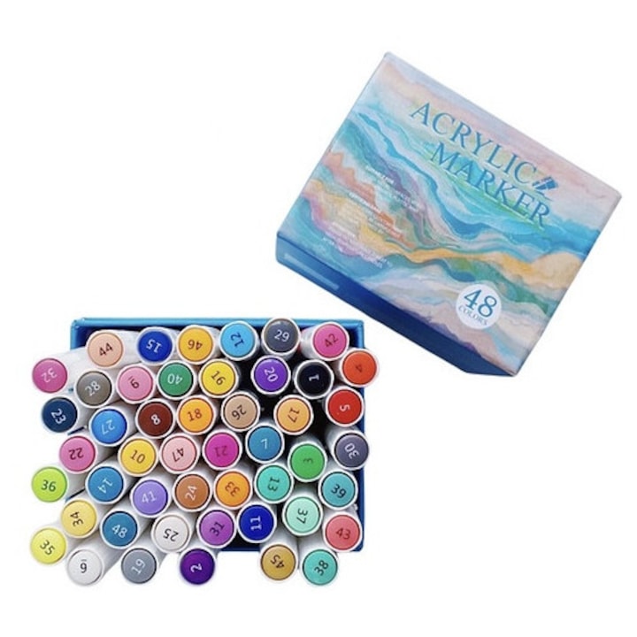 48 darabos akrilfilc készlet, vegyes színek, puha hegy 1-4 mm, vízálló, nagy fedőképességű, fa, fém, üveg, kerámia és műanyag felületre