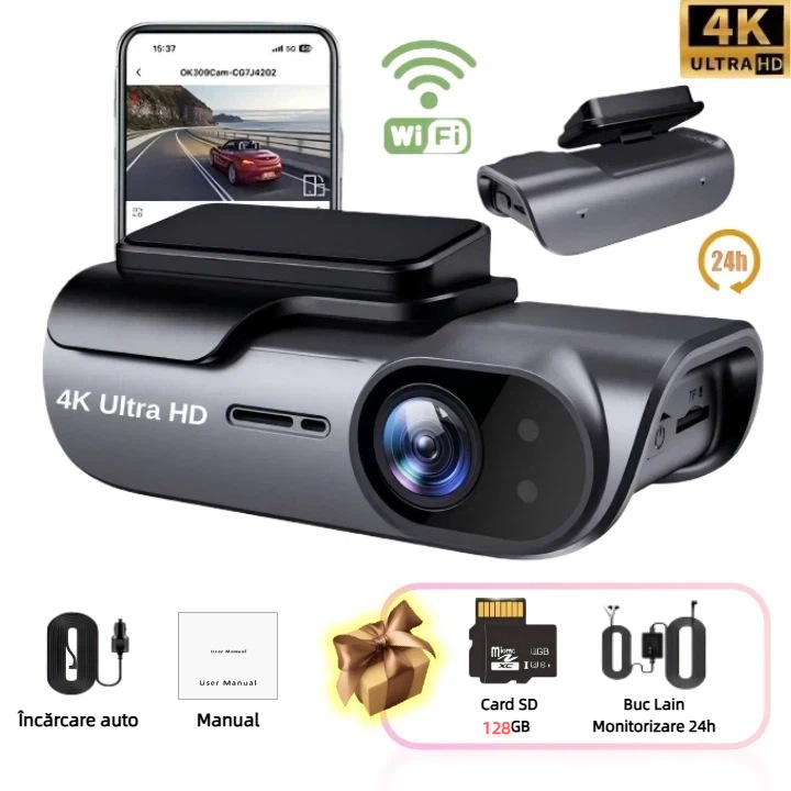 Camera Auto De Bord DVR Ugo®Completa cu Memorie 64 GB, 3840×2160 4K UHD, GPS, WiFi, Unghi 170°, Night Vision, WDR, Camera Marsarier, Inregistrare in Bucla, G-sensor, Detectare Miscare, Cabluri Pentru 24h Functia Parking Mode Incluse in Pachet, Negru
