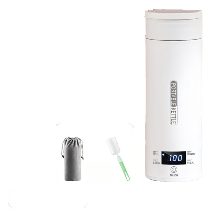 Електрическа кана Ugo, Преносима, Интелигентен четиристепенен контрол на температурата, LCD екран, За офис или пътуване, Двуслоен дизайн против котлен камък, ABS материал, Неръждаема стомана 316, 500 мл, 220V, Бял