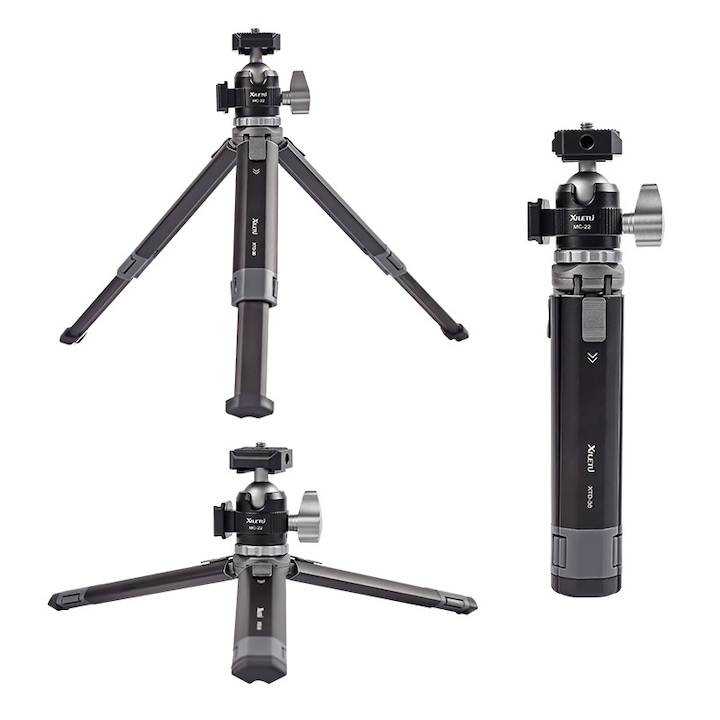 Trepied de birou mini, din aluminiu complet metalic, cap sferic 360°, surub 1/4 inch, telescopic si portabil, ideal pentru telefon, aparat DSLR, calatorii, fotografie si vloguri video