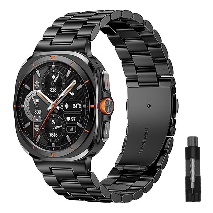 Fém Szíj Samsung Galaxy Watch Ultra 47mm 2025/2024 Kompatibilis, Szabályozóval, Szemekkel, Rozsdamentes Acél, Luxus/Üzleti, Fekete