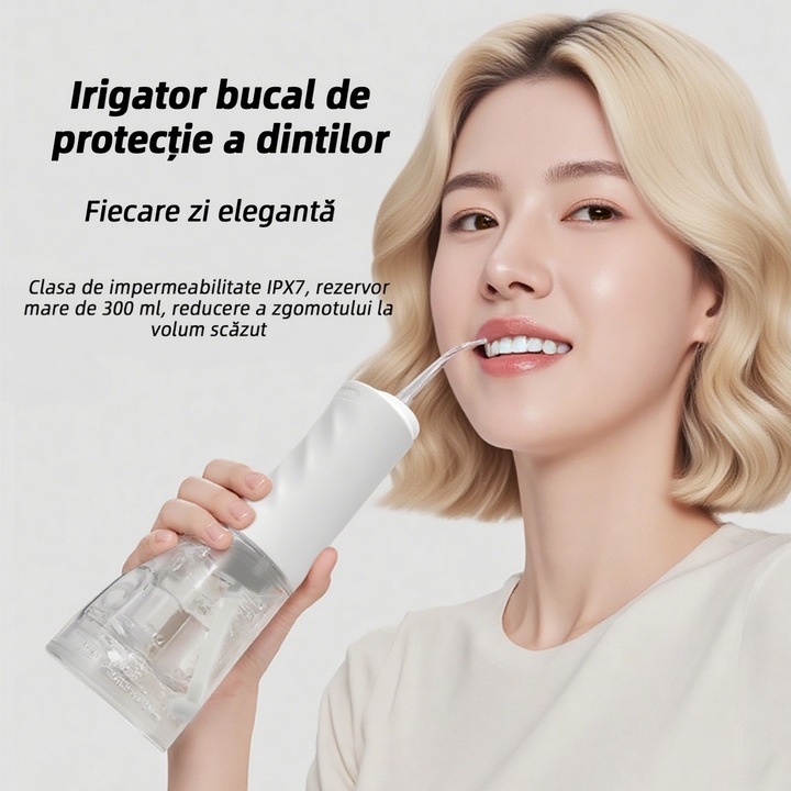VeniSymlis® Irigator Bucal Profesional tip Dus Bucal Family, Rezervor 300 ML, 5 Duze, 4 Moduri (Soft/Strong/Pulse/DIY), Baterie 1800mAh