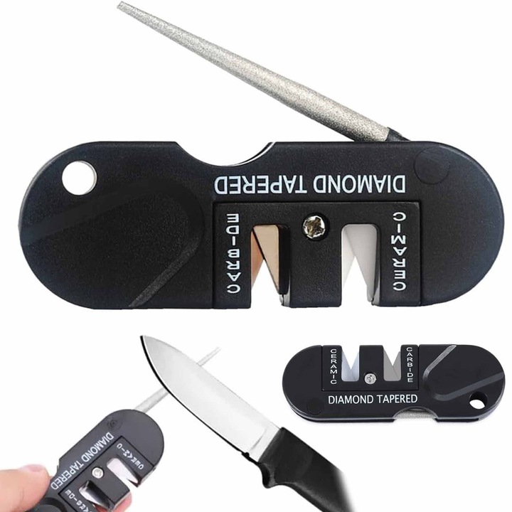 Piatra de ascutit cutite, SINBINTA, Aparat de ascutit cutite portabil, Suprafata anti alunecare, Rezistent la coroziune, Usor de utilizat, Metal/Ceramica/Otel tungsten, 82*28mm, Negru