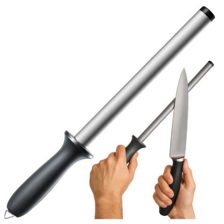 Masat pentru ascutit cutite, Zola, diamantat, pila, lungime 30 cm, cu agatatoare, inox si plastic PP, gri