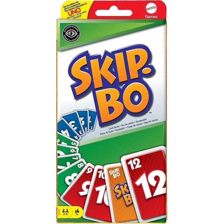Skip-Bo társasjáték, 2-6 játékos, 162 színes kártya, 7 év+, 20-30 perc