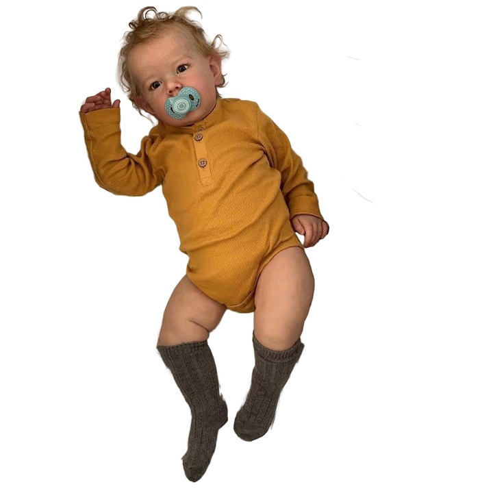 55 cm-es játékbaba, ruhákkal, mágneses cumival, cumisüveggel, akril szemekkel, beültetett hajjal, szőke