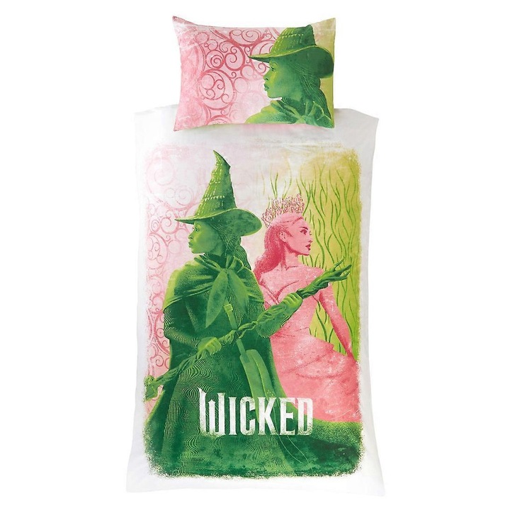 Спално бельо Wicked Glinda & Elphaba с двама джобове, 137x198см, 2 дизайна, розово/зелено, комплект с калъфка за възглавница 50x75см
