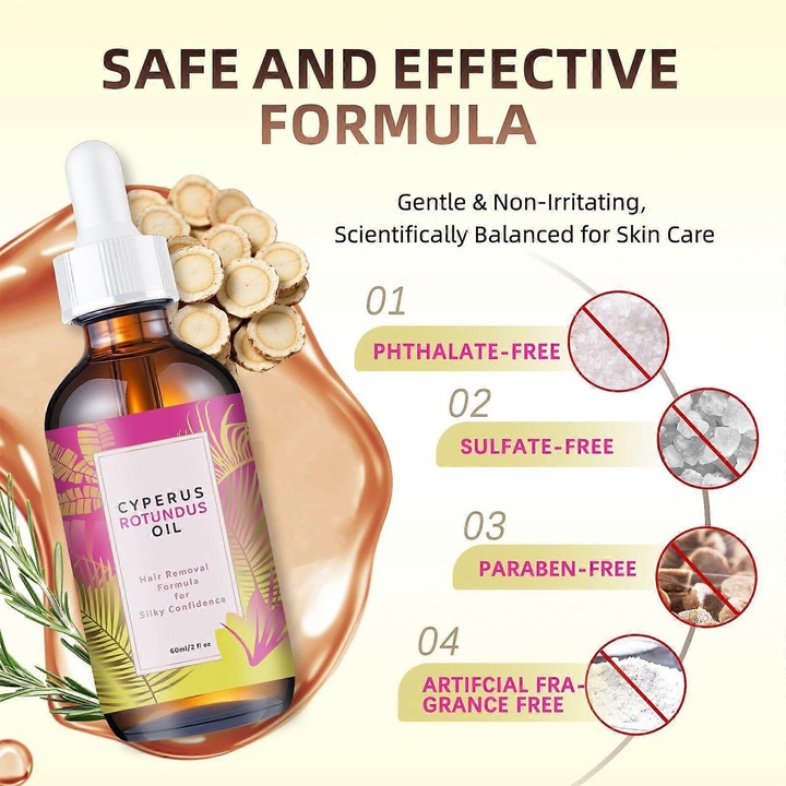 Ulei cosmetic pentru indepartarea parului, Cyperus Rotundus, 60ml, cu ulei de jojoba si ulei de macese, set 2 bucati