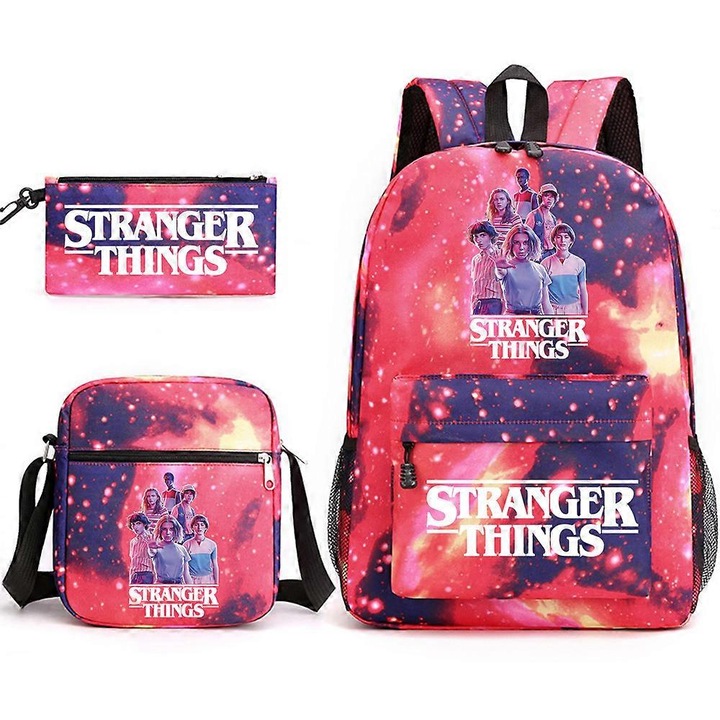 Stranger Things hátizsák szett, három darabból, űrtartalom 20-35 liter, piros, 31x13x44cm