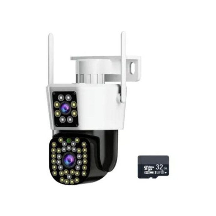 Camera de Supraveghere Dubla WiFi Jortan 6MP, Full HD, Senzor de Miscare, Vedere de Noapte, Alarma, Microfon, Difuzor, Card de Memorie 32Gb