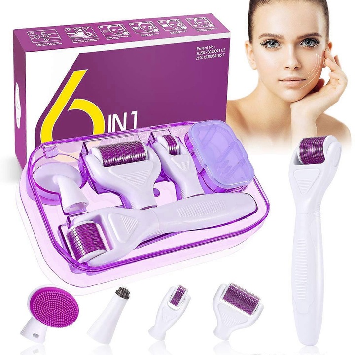 Set 6-in-1 derma roller, 0.25/0.5/1 mm, 4 capete interschimbabile, pentru fata si corp, cu perie din silicon, cutie de depozitare