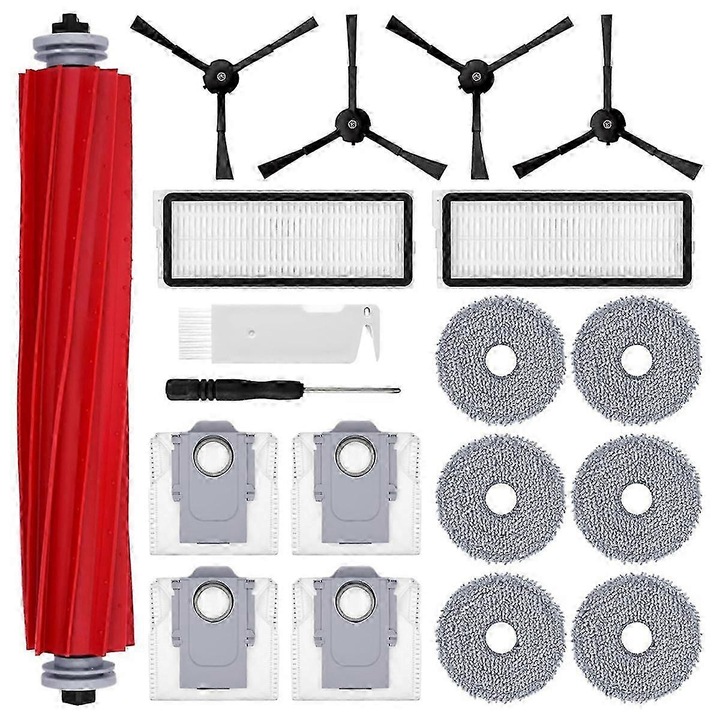 Set accesorii aspirator, 1 perie principala, 4 perii laterale, 2 filtre Hepa, 6 carpe de mop, 4 saci de praf, 1 perie de curatare, 1 surubelnita, multicolor