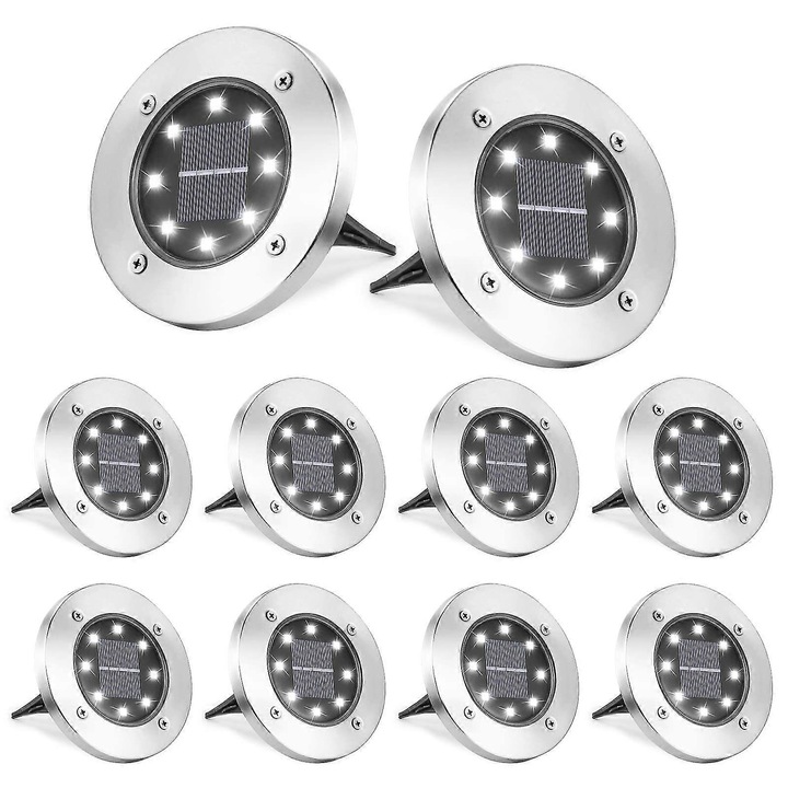 Комплект от 8 външни соларни лампи с 8 светодиода, водоустойчиви, 600mAh, за градина, цвят: металик