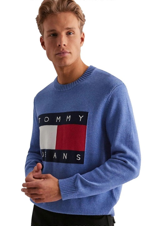 Мъжки пуловер, Tommy Tempo, кръгло деколте, цветен блок флаг, памук, Син